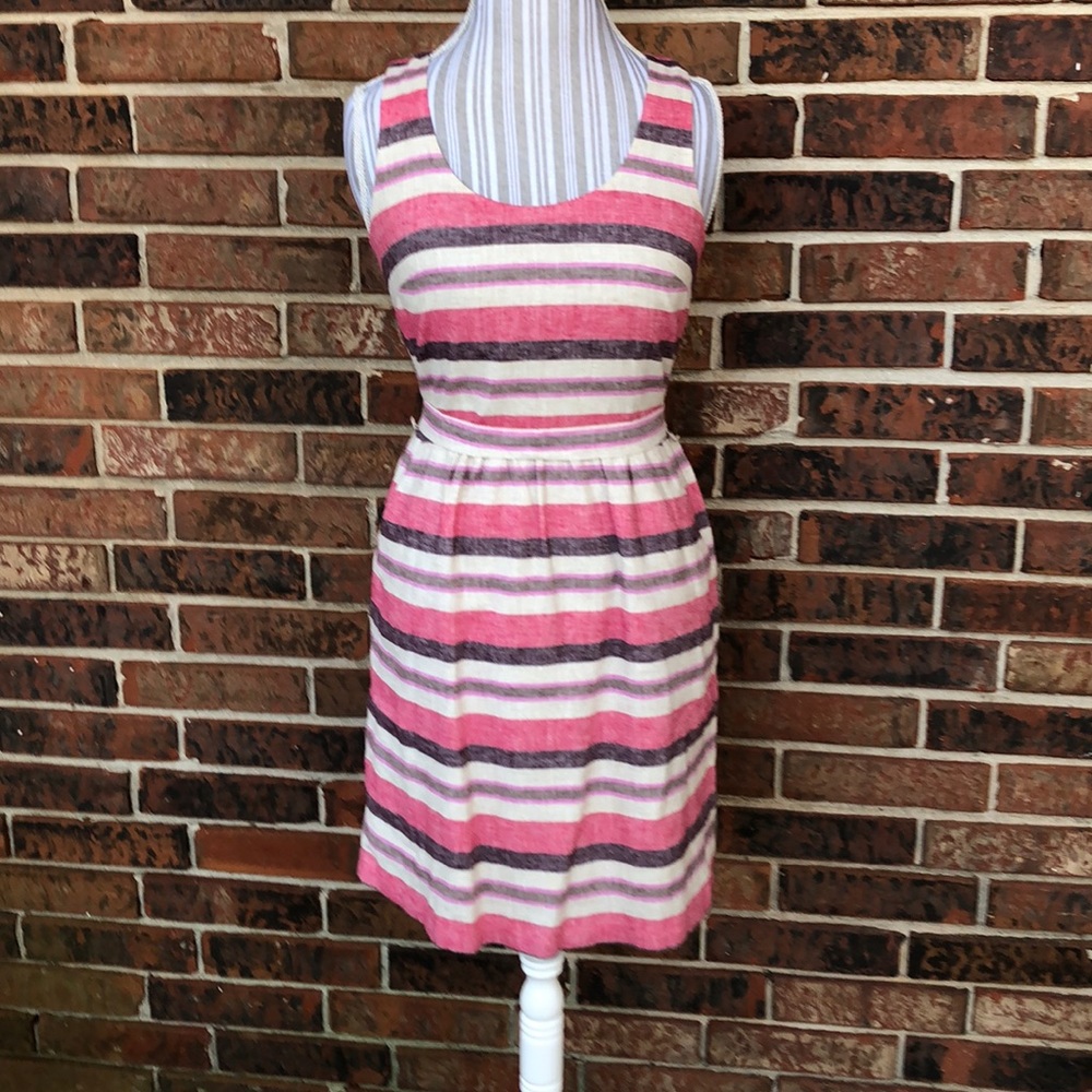 LOFT Pink Striped‎ Linen Sleeveless Dress